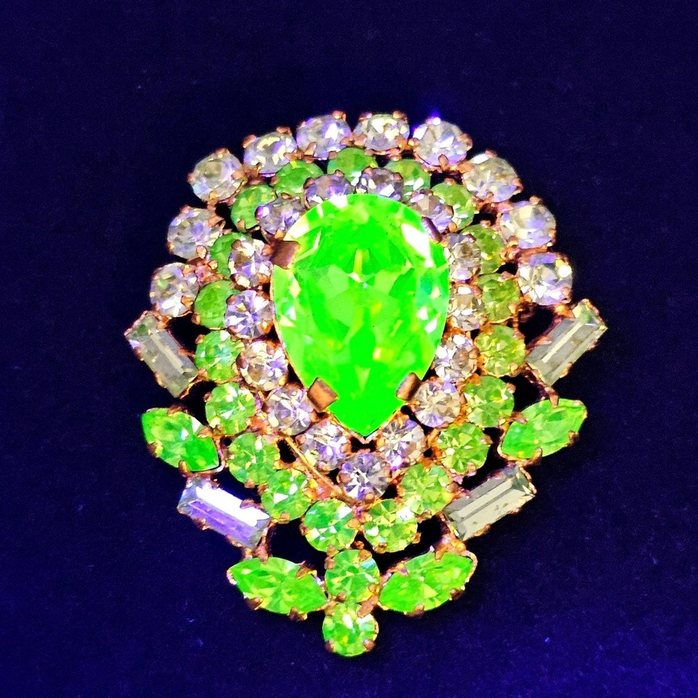 Uranium Glass Rhinestone Floral Brooch Green Teardrop Statement Multi-Layer Pin
